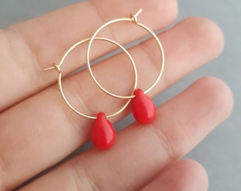 Coral red drop earrings, gold filled creoles, gift for women