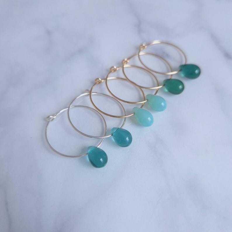 Transparent Green Drop Hoop Earrings, Silver or Gold, Water Green
