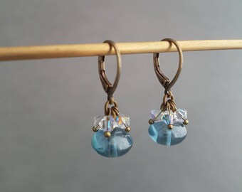 Transparent denim blue cluster earrings, cute dangle vintage style earrings, dainty crystal earrings, christmas gift for her