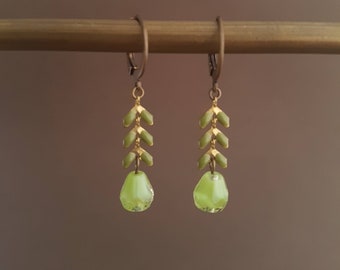 Green drop earrings, vintage brass earrings, khaki green earrings, gift for her, dangle and drop earrings green color, brass earrings
