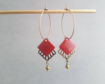 Dark red large hoop earrings, enameled brass stamping dangle earrings, gift for her, statement earrings, boho jewelry, xmas gift