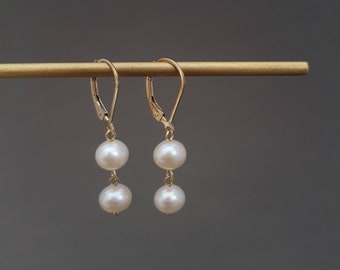 Dainty pearls dangle earrings, lightweight wedding earrings, gold filled minimalist bride jewelry, bridesmaid gift