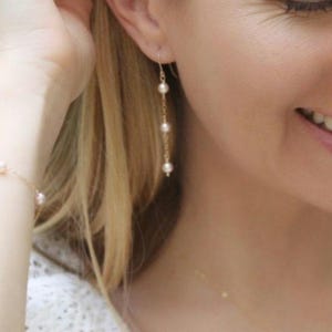 Dainty pearls dangle earrings, lightweight wedding earrings, gold filled minimalist bride jewelry, bridesmaid gift