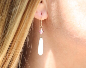 Boucles D'oreilles Pendantes Dormeuses - Perles De Culture En Forme Goutte - Plaqué Or 14k