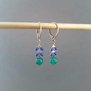Blue and green dangle earrings for women, small vintage sleepers, costume jewelry, gift for women