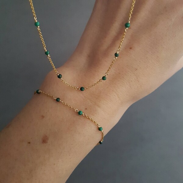 Bracelet malachite et chaine gold filled, collier malachite , minimaliste, cadeau pour femme