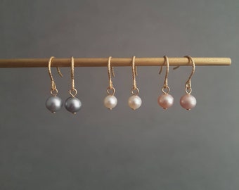 Dainty pearl dangle earrings, tiny wedding earrings, gold filled minimalist bride jewelry, bridesmaid gift