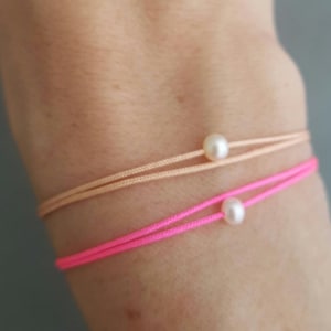 SET OF 2 neon pink cord bracelets, natural pearl cord bracelet, minimalist, cultured pearl link, bridesmaid gifts