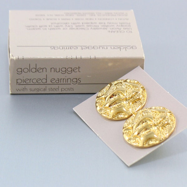 Vintage 1985 AVON 'Golden Nugget' Pierced Earrings with Original Box. Goldtone Button Earrings. Vintage Avon Earring. Vintage Avon Jewelry