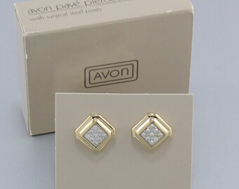 Vintage 1984 AVON 'Pave' Pierced Earrings with Original Box. Avon Two Tone Rhinestone Earrings. Vintage Avon Jewelry. Vintage Avon Earrings