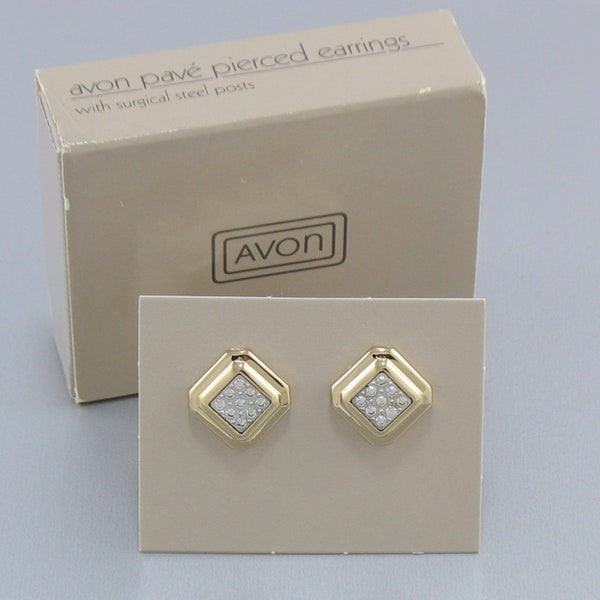 Vintage 1984 AVON 'Pave' Pierced Earrings with Original Box. Avon Two Tone Rhinestone Earrings. Vintage Avon Jewelry. Vintage Avon Earrings