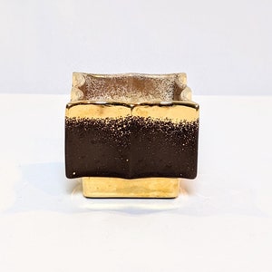 May include: A small, rectangular ceramic planter with a two-tone design. The top section is a light beige with a speckled texture, transitioning to a dark brown, almost black, lower section. The planter has a square shape.