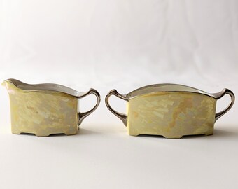 Vintage Pastel Yellow and Ivory Iridescent Lusterware Platinum-Trimmed Sugar & Creamer Set by ArnArt Company Japan Fine China
