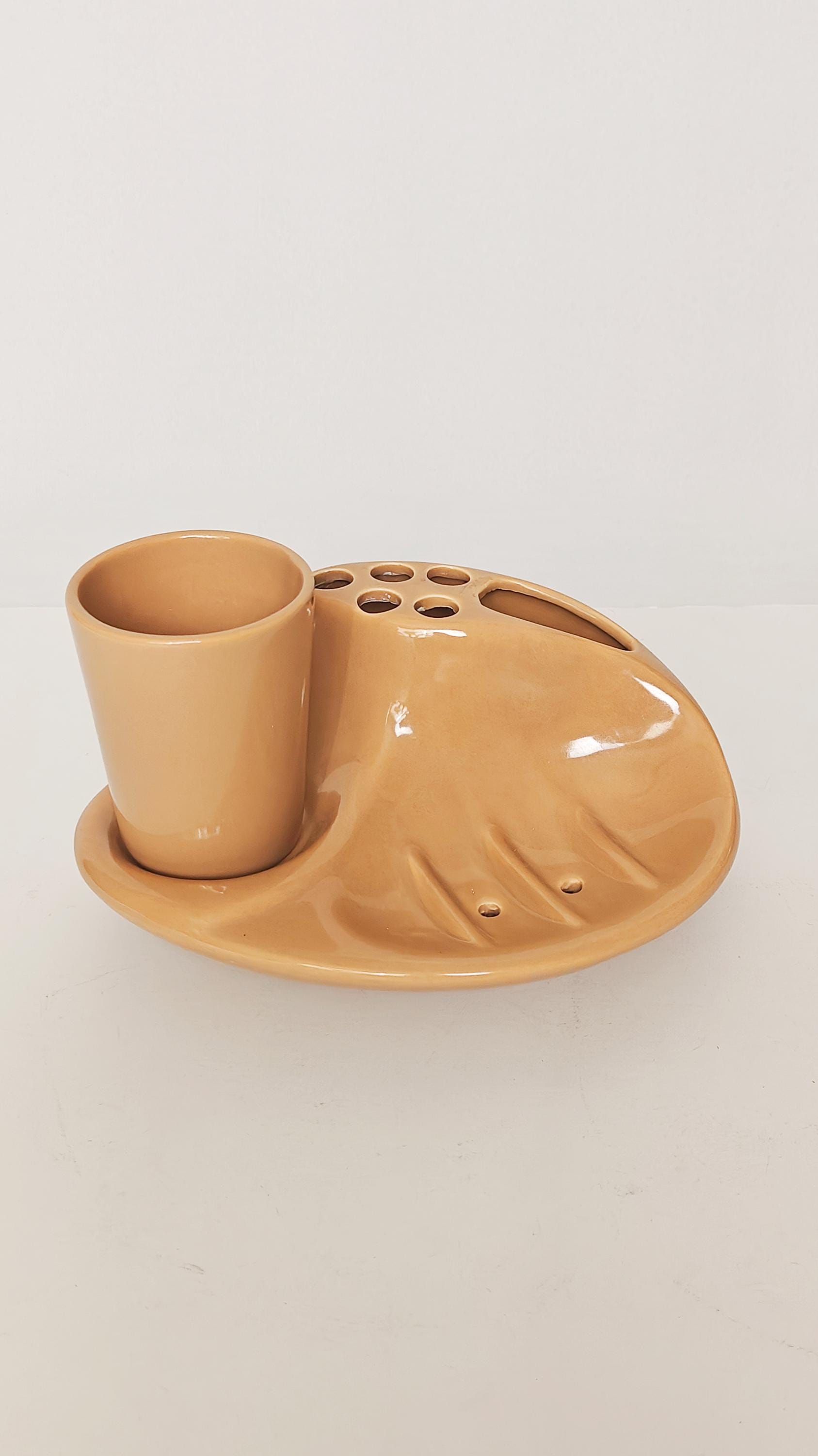 Vintage 1960s Vohann California MCM Ceramic Toothbrush Holder and Soap Dish with Cup - Tan/Peach Color - Retro Bathroom Caddy All in One