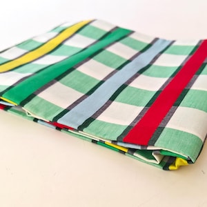 Vintage MCM 1960s Cotton Plaid/ Striped Lightweight Fabric in Green, Blue, Red, Yellow & White - Perfect for Vintage Sewing Patterns