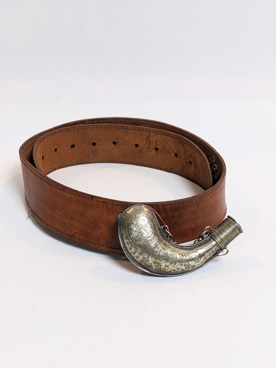 Vintage Brown Leather Belt: Silver Moroccan Powder Horn 