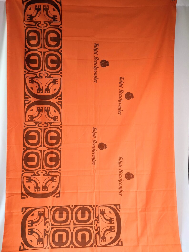 Vintage 1960s Tahitian Mid-Century Modern Boho Tiki Hand Print Fabric Panel Block Print Tribal Tahiti BeachComber - 70" X 44" panel image 3