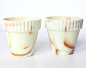 Pair of Vintage Slag Glass Akro Agate Marbled Planters - Cream, Pistachio Green and Caramel Swirl