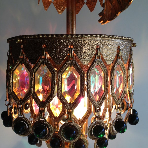1967 Mid Century Art Deco Morrocan Revival Gold With Green and Irridecent Crystal Chandelier