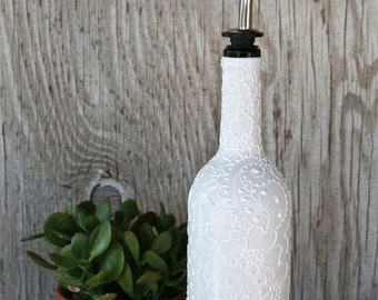 Minimalist Design hand painted wine bottle, Monochromatic White, Olive Oil Dispenser, Modern Design