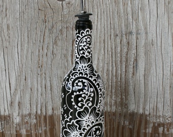 Hand Painted Olive Oil Dispenser, Upcycled Wine Bottle, Black and White Floral