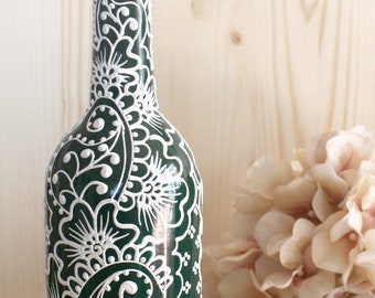 Hand Painted Olive Oil Dispenser, Hunter Green Floral Wine Bottle