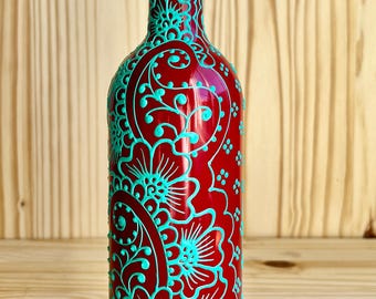 Hand Painted Olive Oil Bottle | Red & Teal Floral Glass Dispenser