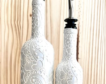 Hand-Painted Floral Olive Oil Bottle Set – White Kitchen Decor