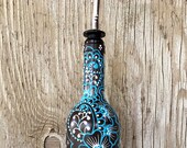 Hand Painted Wine bottle Olive Oil Pourer, Chocolate Brown with turquoise and white accents, Olive Oil Dispenser