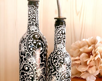 Black and White Olive Oil Dispenser Set, Upcycled Wine Bottles