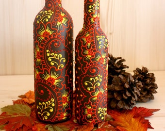 Hand Painted Wine Bottle Olive Oil Dispenser Set, Thanksgiving Decor
