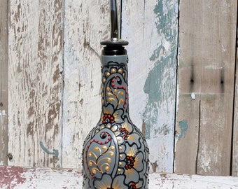 Hand Painted Wine bottle Olive Oil Pourer, Slate Gray with Black, Gold, and Red Accents, Great for dish soap, liquor, simple syrup and more