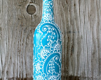 Hand Painted Wine bottle Olive Oil Pourer, Turquoise and White, Vibrant Henna style design, Olive Oil Dispenser