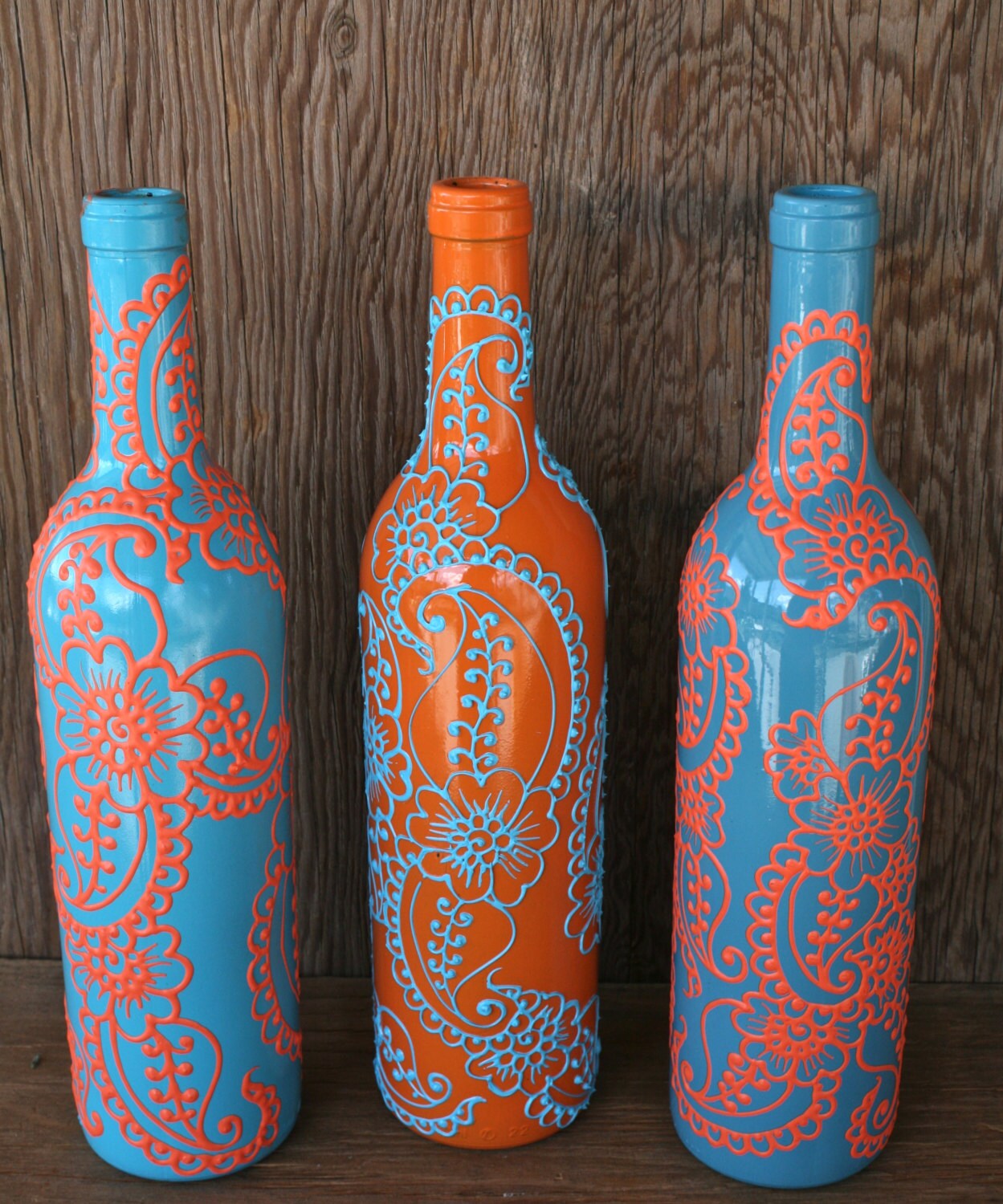 Set of 3 Hand Painted Wine bottle Vases Turquoise and Coral Etsy