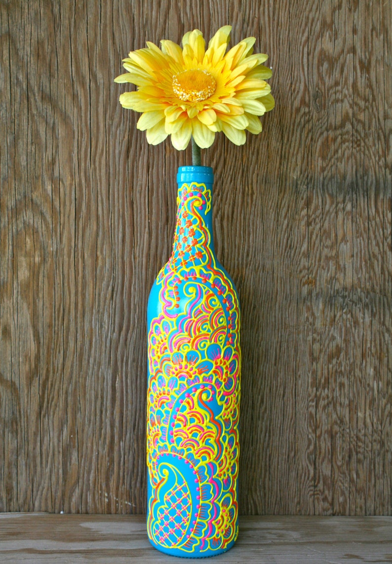 Hand Painted Wine Bottle Vase Turquoise Bottle With Sunshine Etsy