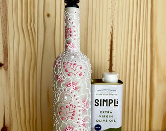 Hand Painted Oil Dispenser – Almond colored base with white and pink accents