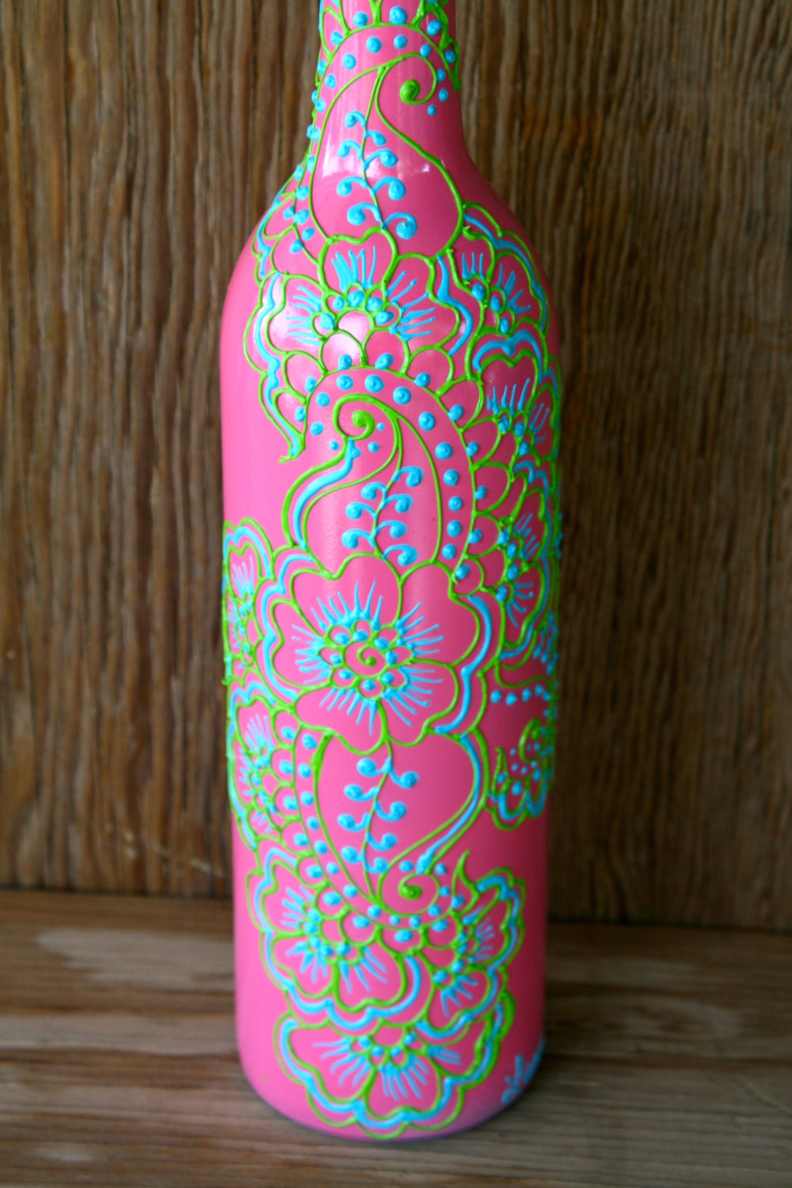 Painted Wine bottle Vase Bright Pink bottle with green and Etsy