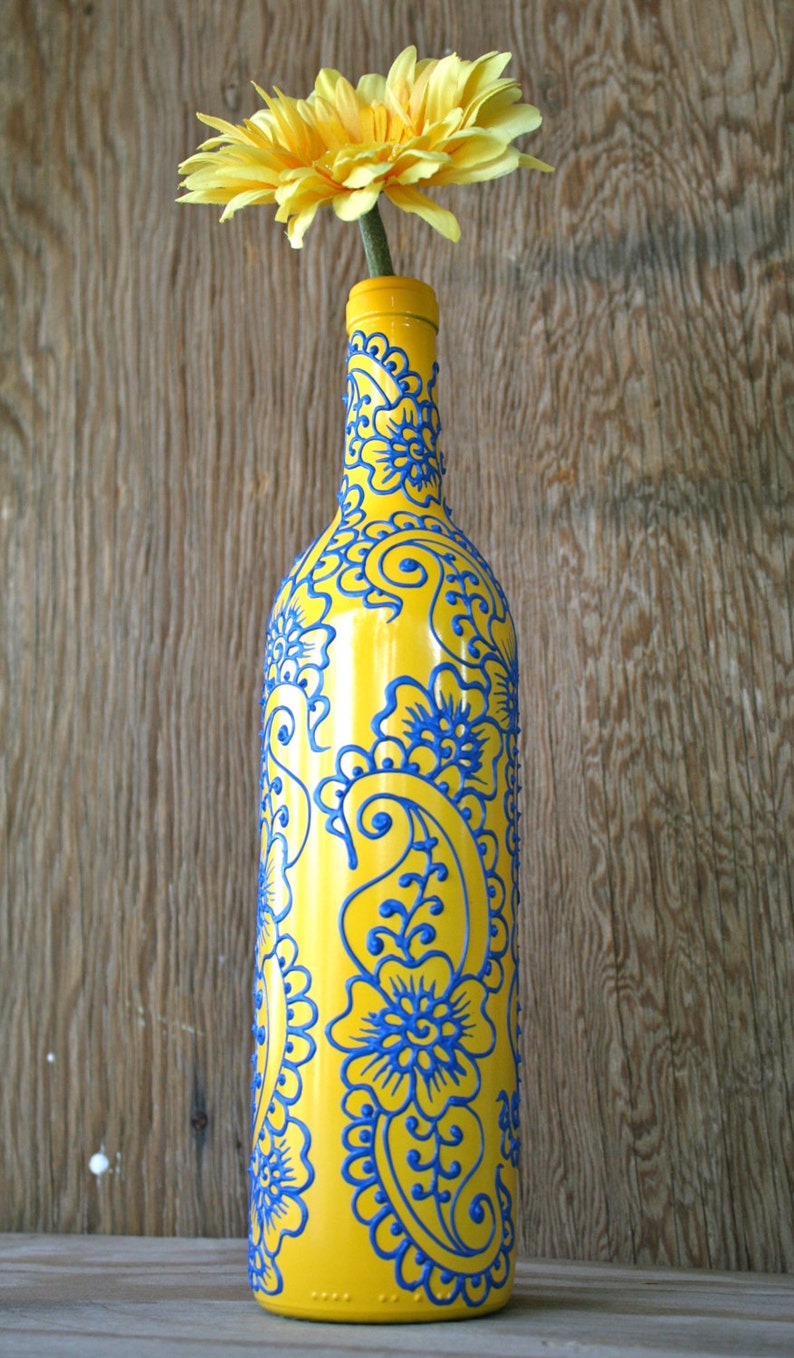 Hand Painted Wine bottle Vase Sunshine Yellow and Sky Blue Etsy