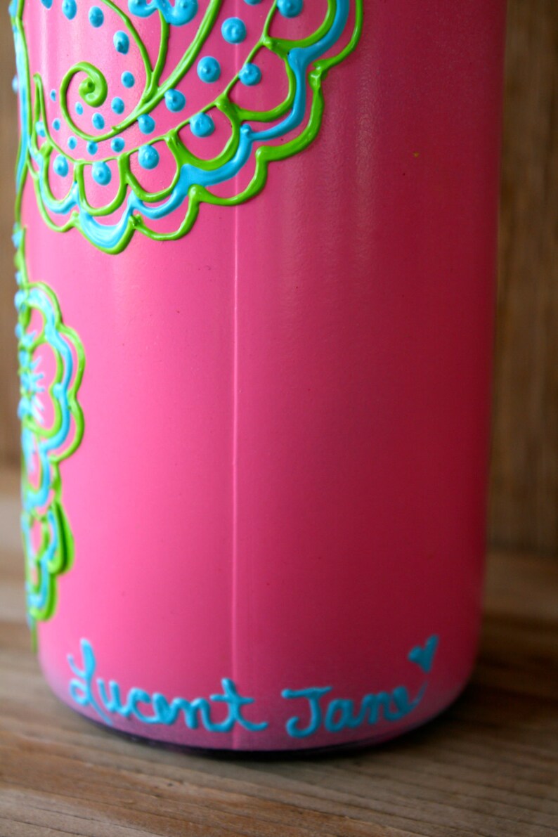 Painted Wine bottle Vase Bright Pink bottle with green and Etsy