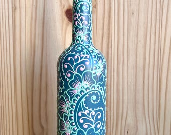 Hand Painted Olive Oil Bottle | Muted Sage Green with pink and mint green accents | Refillable Glass Dispenser