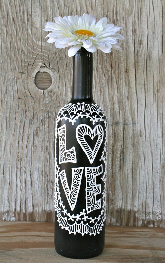 Painted Wine Bottle Love Black and White Wedding Etsy