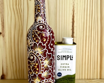 Hand Painted Olive Oil or Vinegar Dispenser Bottle– Burgundy, Gold and White