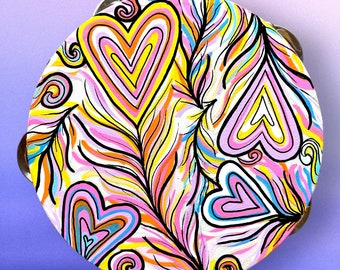 Tambourine, Hand Painted, Mini Tambourine with Peacock Heart Feathers, 6 inch diameter
