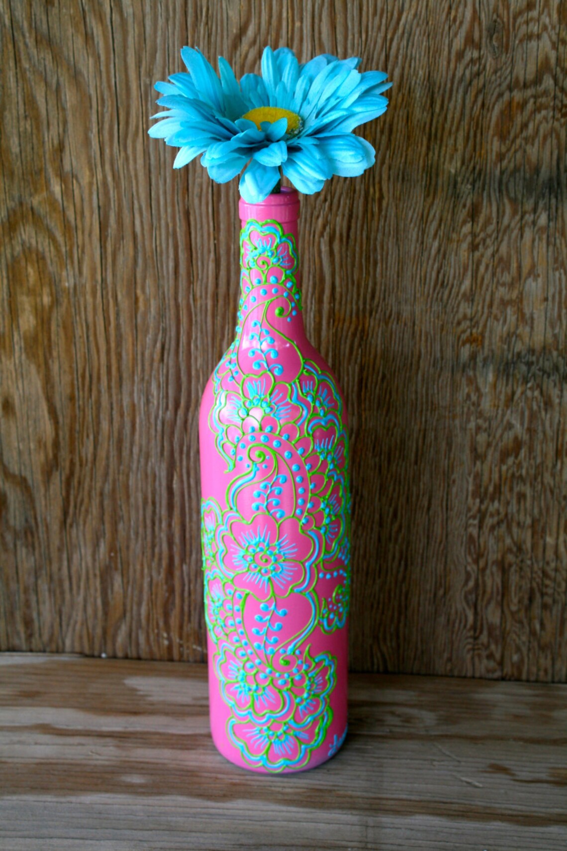 Painted Wine bottle Vase Bright Pink bottle with green and Etsy