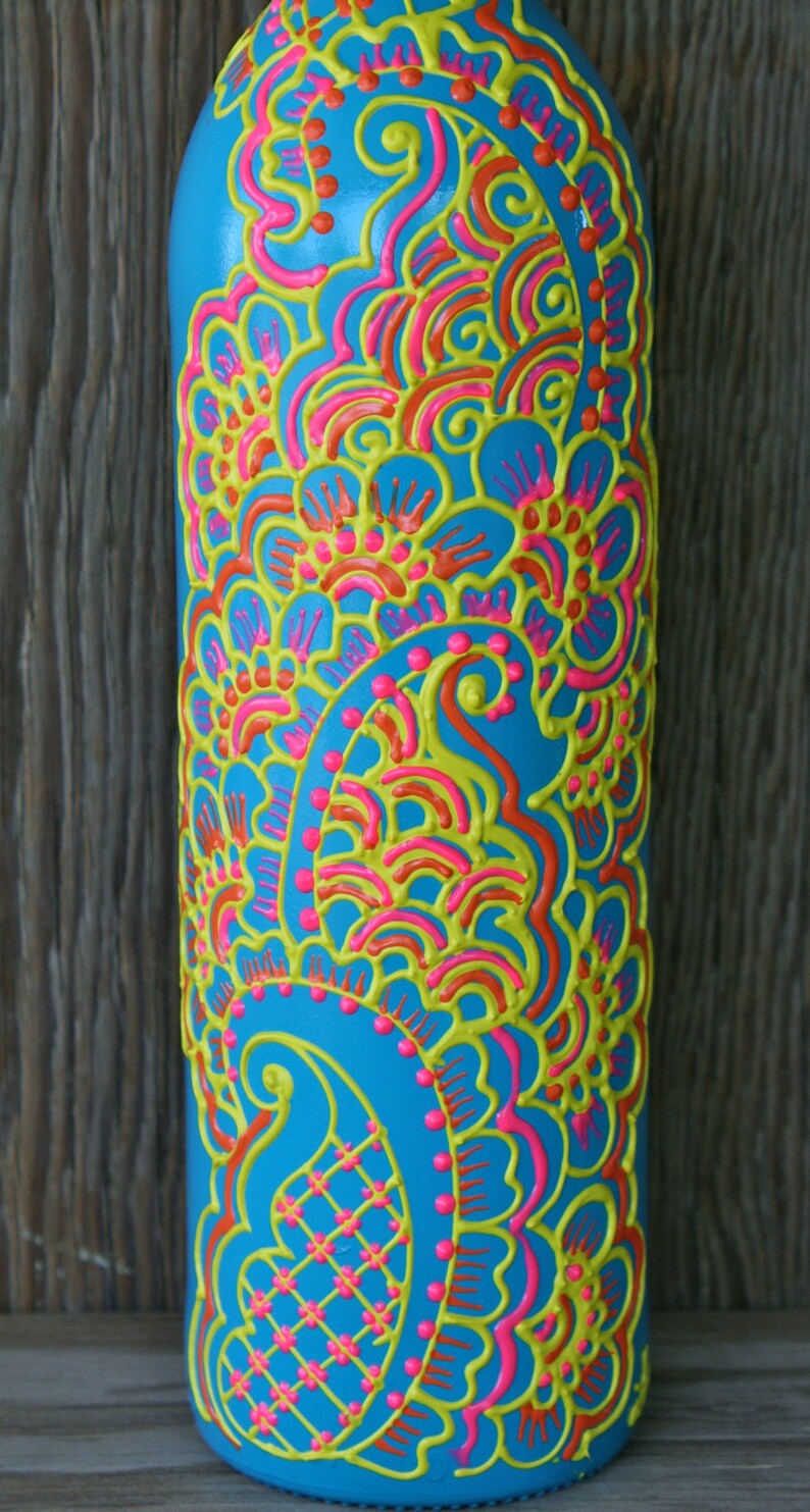 Hand Painted Wine Bottle Vase Turquoise Bottle With Sunshine Etsy