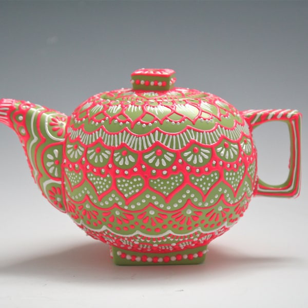 Teapot hand painted green, pink, and white