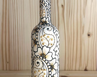 Hand Painted Olive Oil Bottle | Black & Gold  Floral | Refillable Glass Dispenser