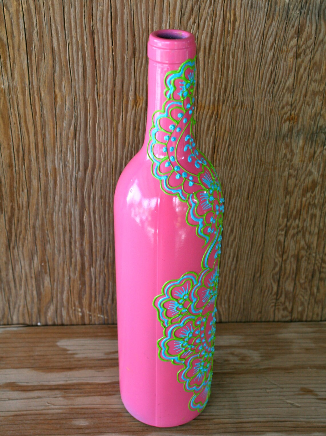 Painted Wine bottle Vase Bright Pink bottle with green and Etsy
