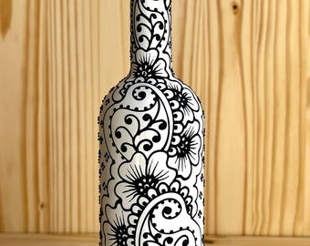 Hand Painted Olive Oil Bottle | Black & White Floral | Refillable Glass Dispenser