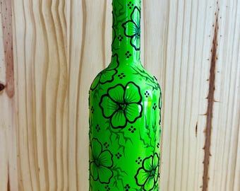 Hand Painted Floral Oil Dispenser, Green Glass Olive Oil Bottle